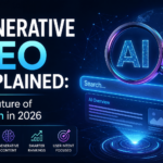 Generative SEO Explained – futuristic AI-powered search optimization concept with digital search interface, AI overview, and SEO analytics for the future of search in 2026.